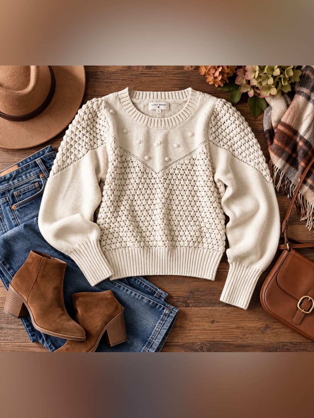 Lucky Brand Cream Textured Knit Sweater NWT Women’s medium Fall Boho